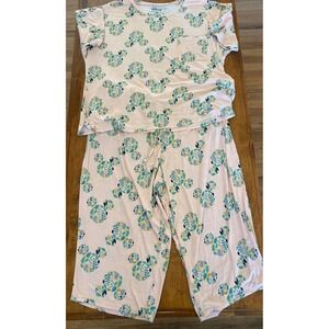 Disney Women's Pajama Set - Peach with Blue/Green Mickey Mouse Print